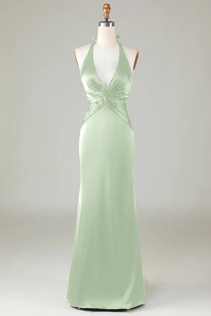 Mermaid Halter Dusty Blue Long Satin Bridesmaid Dress
