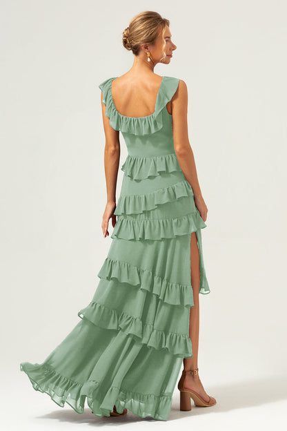 Burgundy A-Line Ruffleed Chiffon Long Bridesmaid Dress with Slit