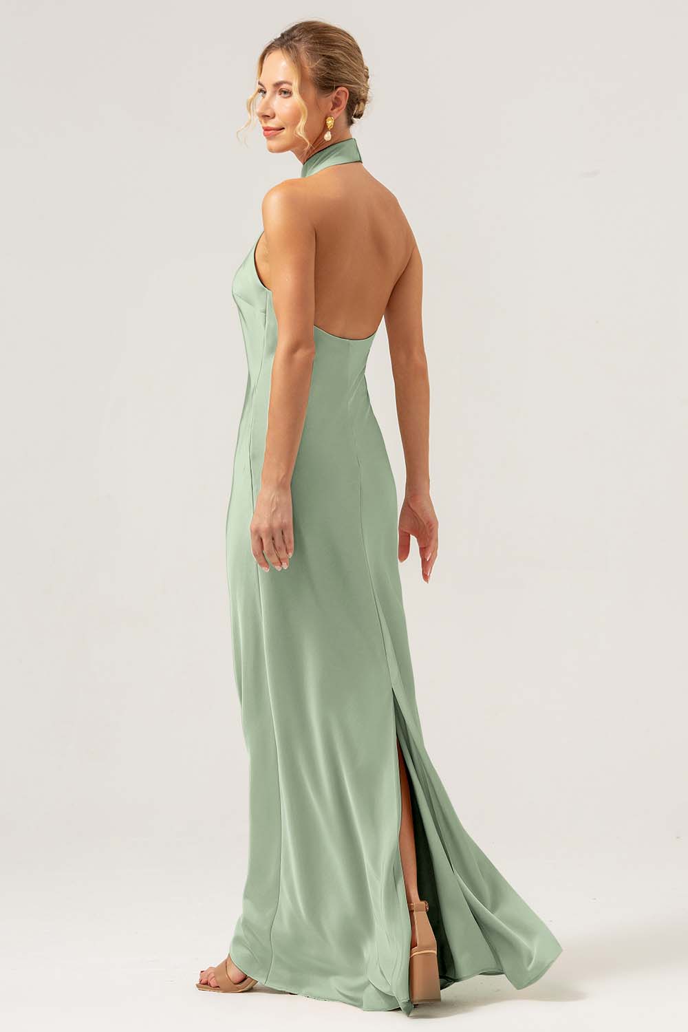 Dusty Blue Halter Long Bridesmaid Dress with Back Slit