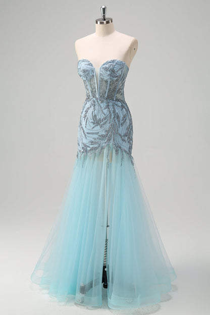 Sparkly Light Blue Mermaid Strapless Corset Long Beaded Prom Dress With Slit