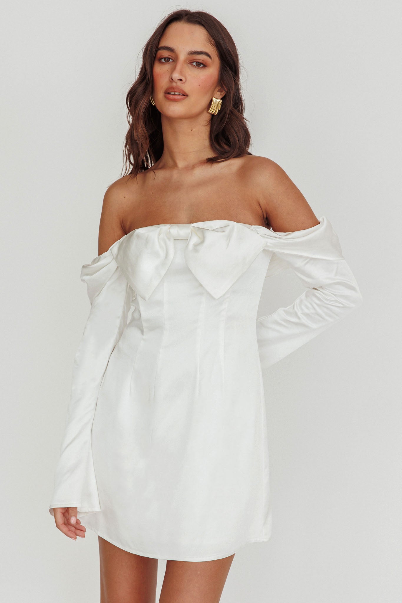 Lilith Off Shoulder Bow Mini Dress White