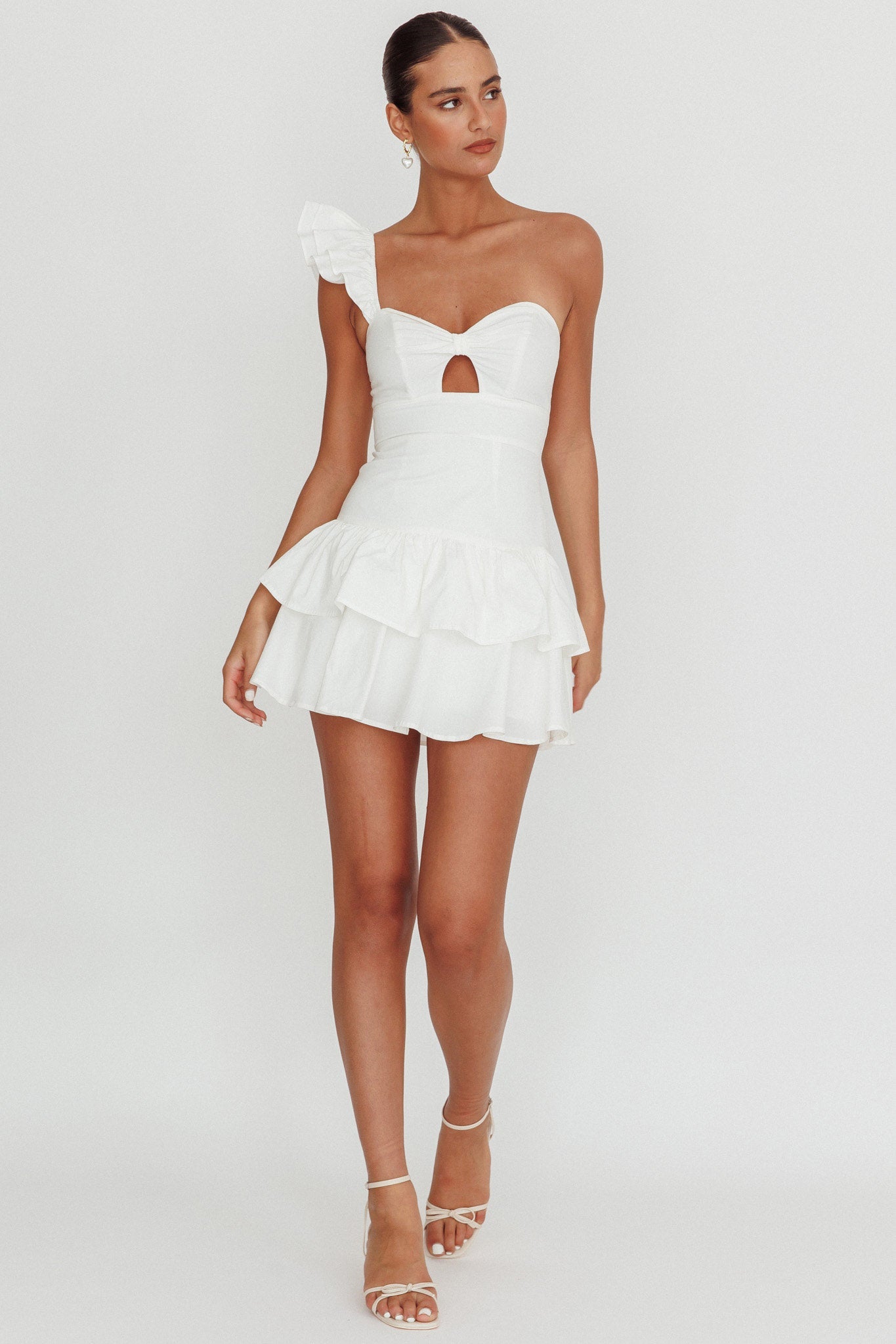 Tea Time One Shoulder Ruffle Mini Dress White