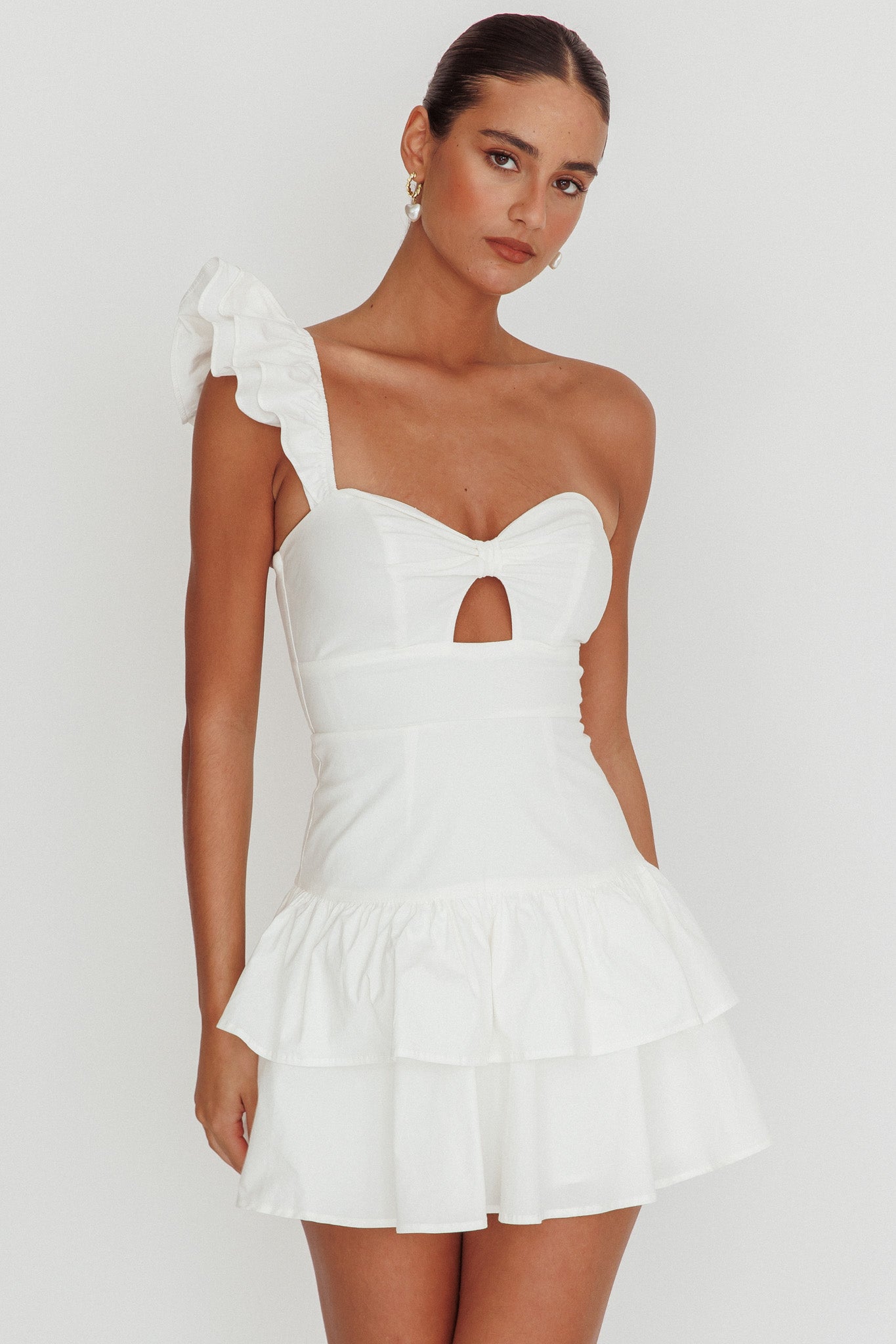 Tea Time One Shoulder Ruffle Mini Dress White