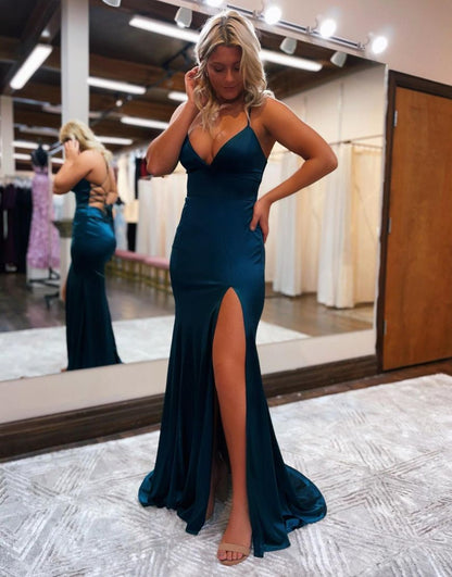 Allie |Mermaid Spaghetti Straps Satin Prom Dress with Slit