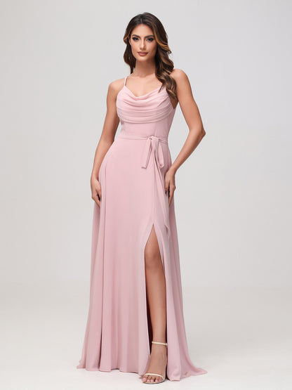Sexy Cowl Neck Ruched Chiffon Long Dress with Slit Dusty Rose