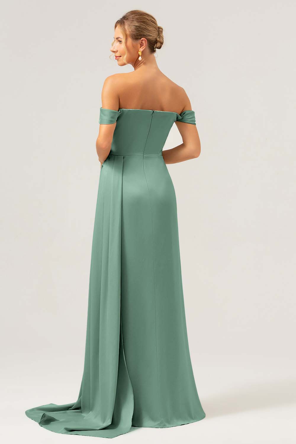 Dusty Sage Off The Shoulder Long Bridesmaid Dress with Slit