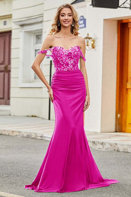 Fuchsia Mermaid Off The Shoulder Long Prom Dress with Sequins