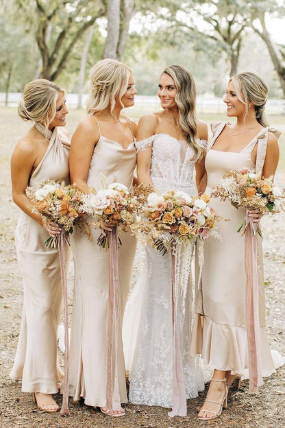 Champagne Sheath Satin Long Mismatch Bridesmaid Dress