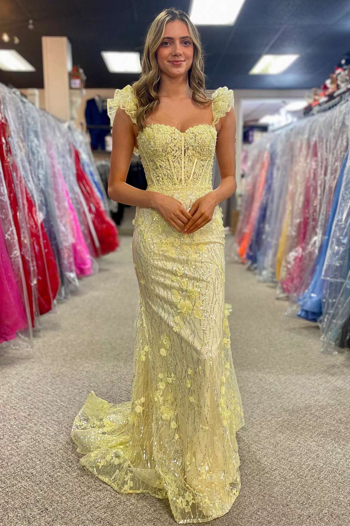 Mckinley | Yellow Ruffle Straps 3D Flower Mermaid Long Prom Dress