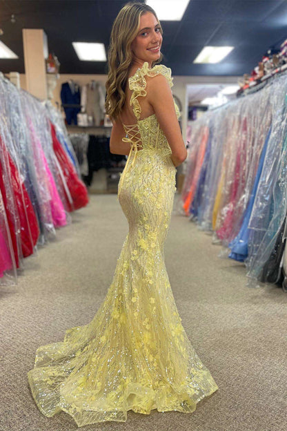 Mckinley | Yellow Ruffle Straps 3D Flower Mermaid Long Prom Dress