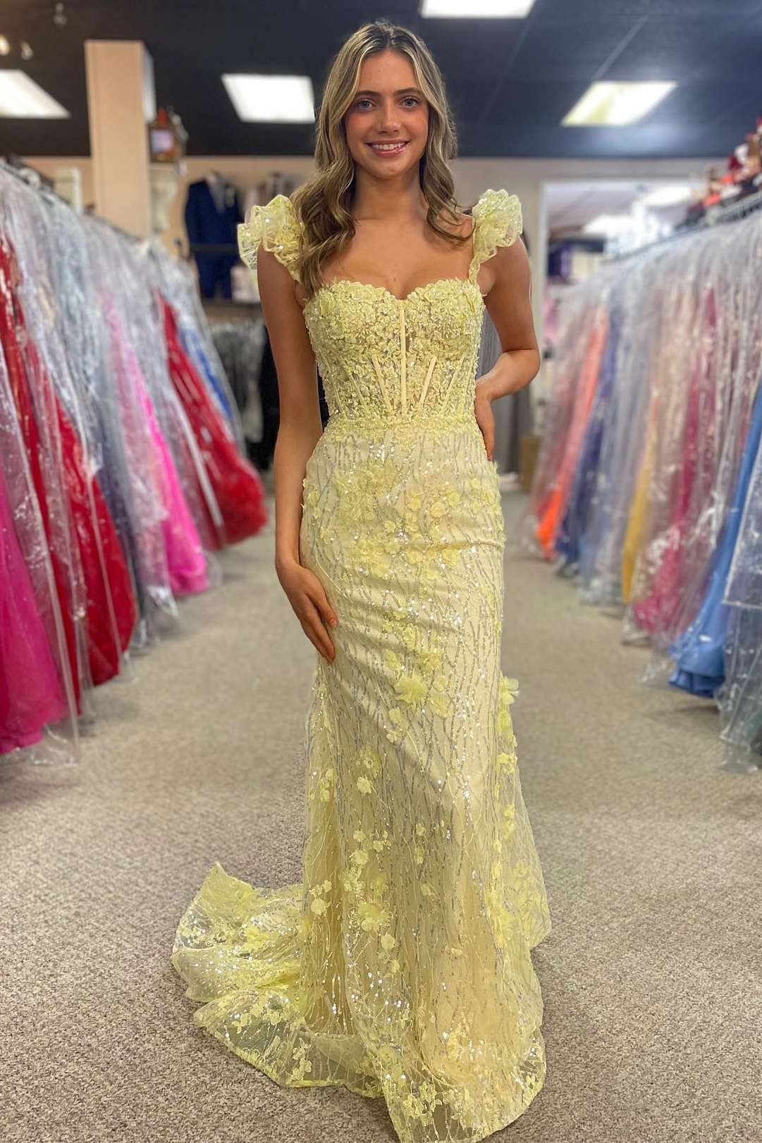 Mckinley | Yellow Ruffle Straps 3D Flower Mermaid Long Prom Dress