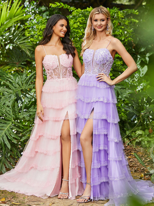 Corset Bodice Illusion Top Tulle Tiered Dresses Blushing Pink