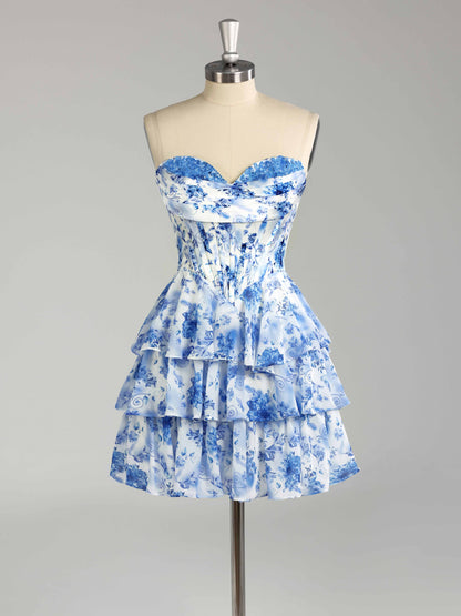 Faryn Stunning Strapless Tiered Floral Print Chiffon Mini Homecoming Dresses