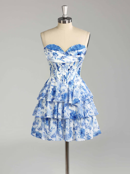 Faryn Stunning Strapless Tiered Floral Print Chiffon Mini Homecoming Dresses