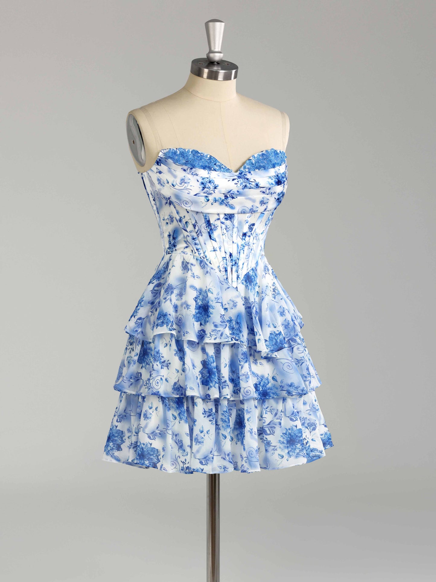Faryn Stunning Strapless Tiered Floral Print Chiffon Mini Homecoming Dresses