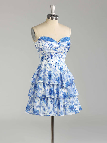 Faryn Stunning Strapless Tiered Floral Print Chiffon Mini Homecoming Dresses