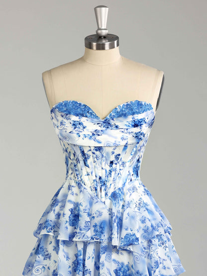 Faryn Stunning Strapless Tiered Floral Print Chiffon Mini Homecoming Dresses