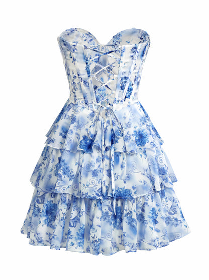 Faryn Stunning Strapless Tiered Floral Print Chiffon Mini Homecoming Dresses