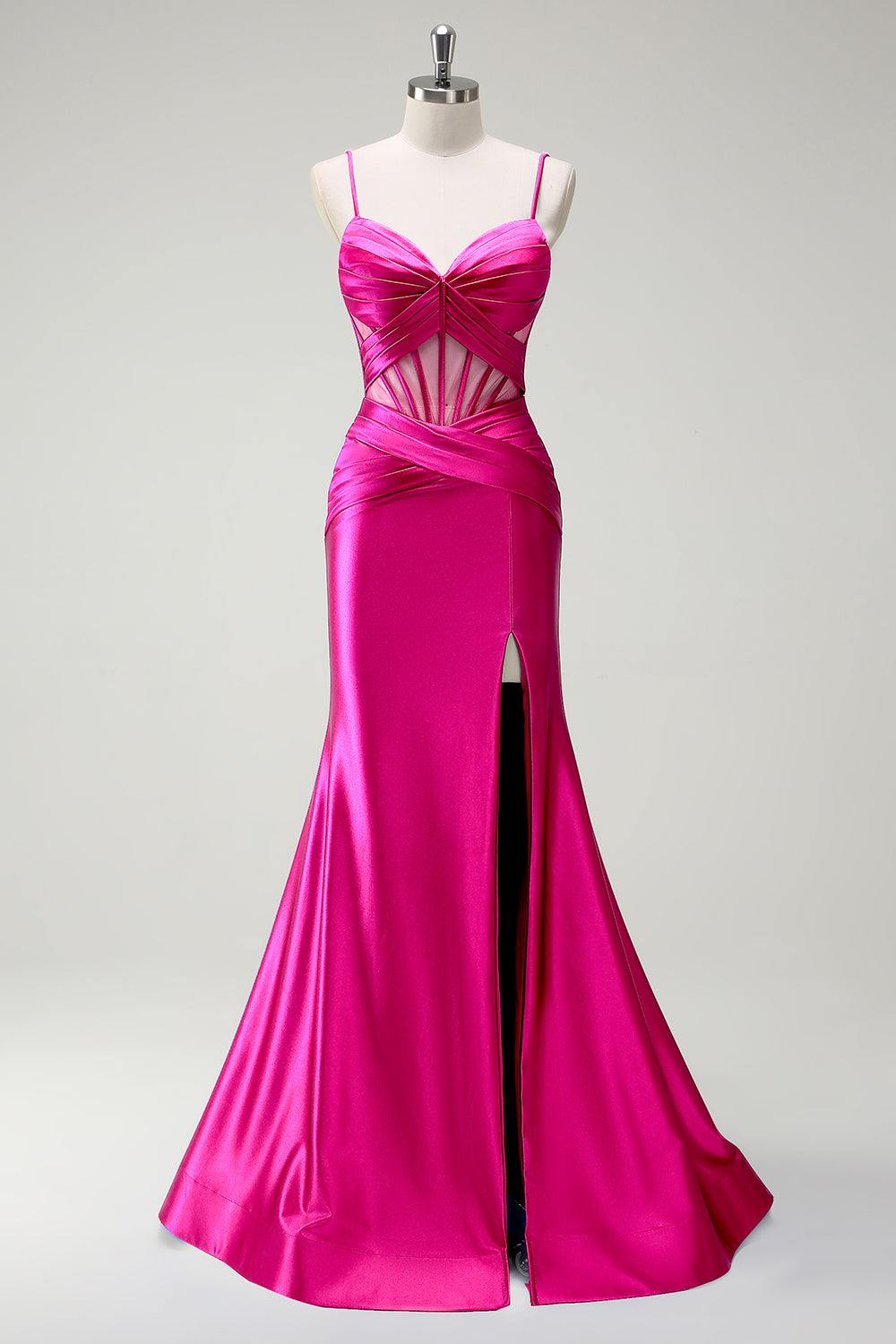 Mermaid Fuchsia Spaghetti Straps Beaded Long Prom Dress with Slit