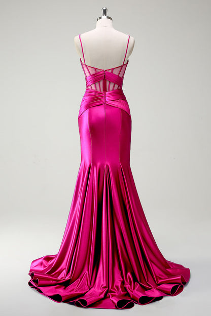 Mermaid Fuchsia Spaghetti Straps Beaded Long Prom Dress with Slit