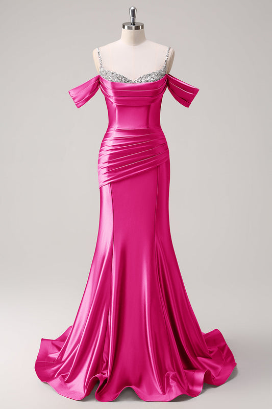 Fuchsia Cold Shoulder Mermaid Long Prom Dress