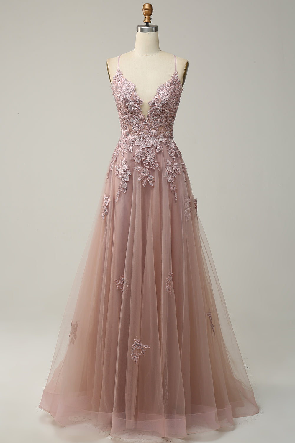 A Line Spaghetti Straps Blush Long Prom Dress with Appliques