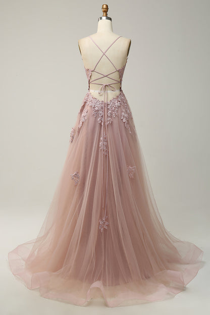 A Line Spaghetti Straps Grey Blue Long Prom Dress with Appliques