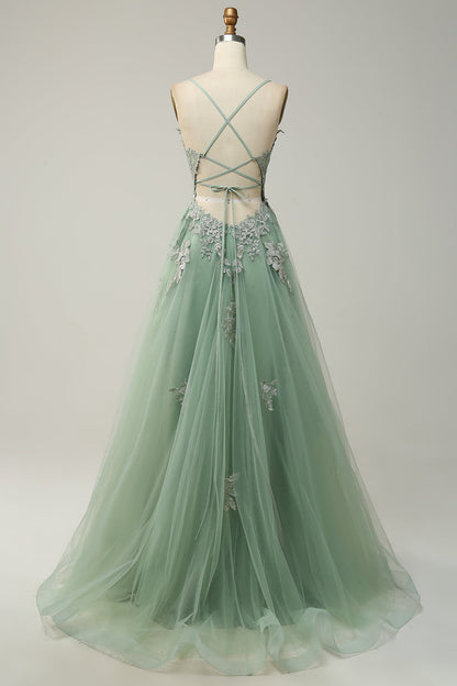 A Line Spaghetti Straps Grey Blue Long Prom Dress with Appliques