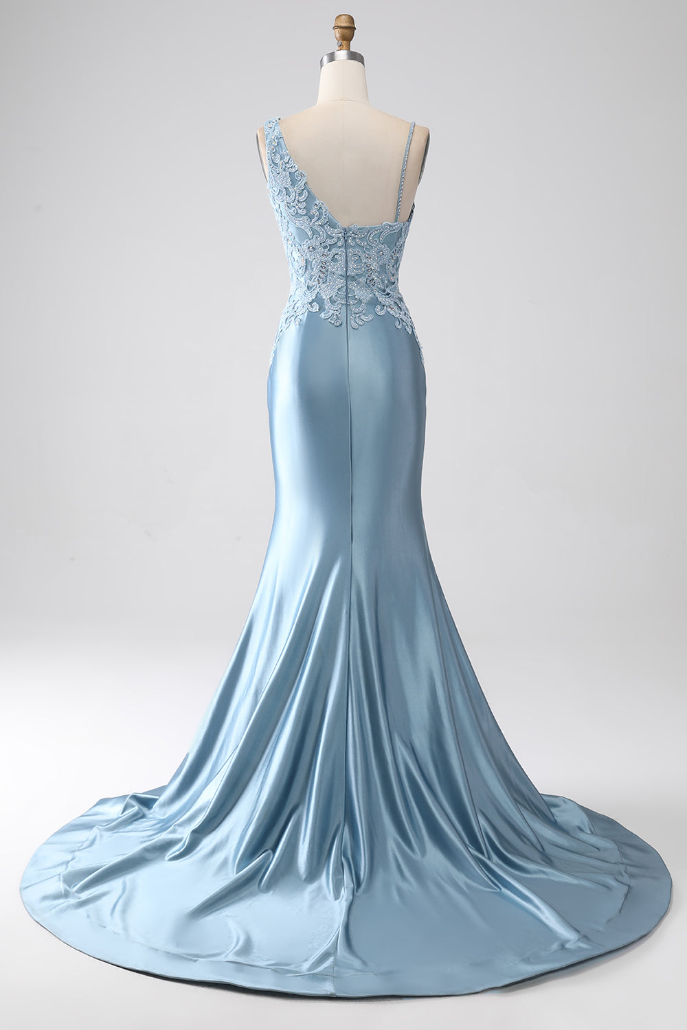 Grey Blue Mermaid Spaghetti Straps Long Beaded Prom Dress With Appliques