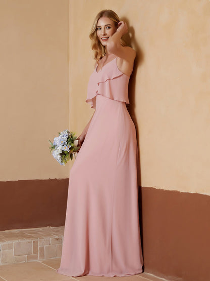 V-neck Spaghetti Straps Ruffles Chiffon A-line Dress Dusty Rose