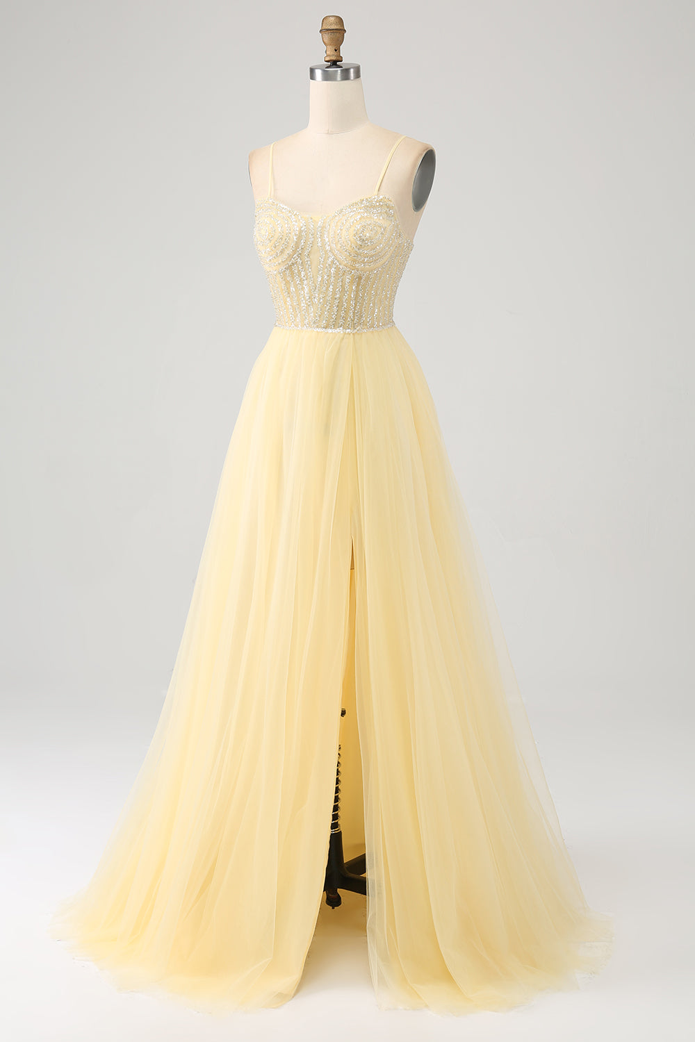 Tulle Beaded Light Yellow Prom Dress with Slit