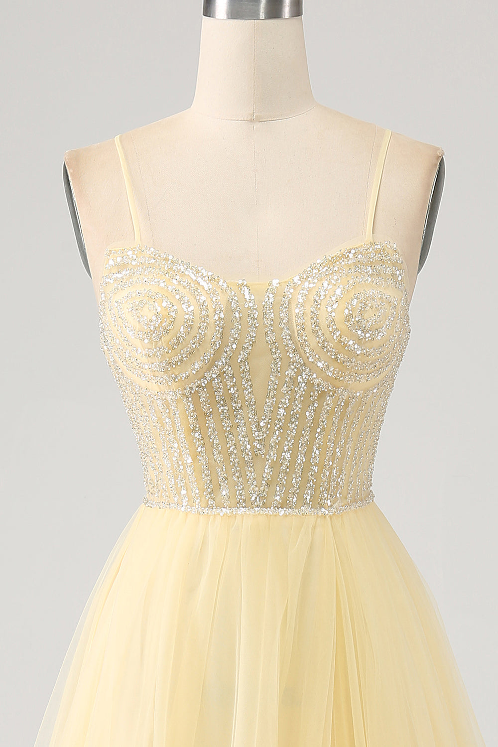 Tulle Beaded Light Yellow Prom Dress with Slit