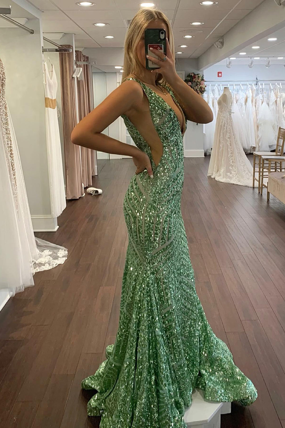 Nina |Mermaid Deep V Neck Sequins Prom Dress