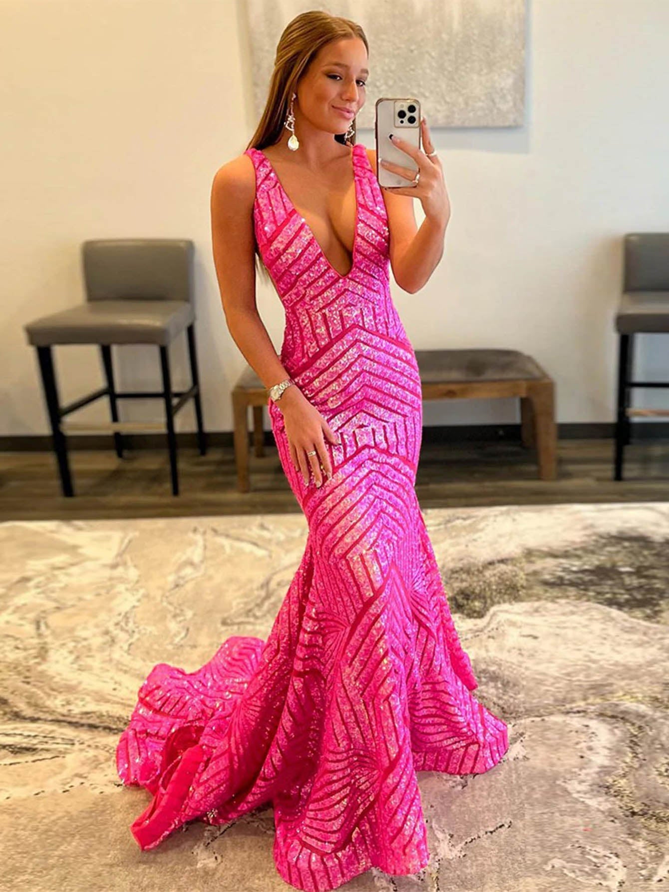 Nina |Deep V Neck Pink Sequins Mermaid Long Prom Dress