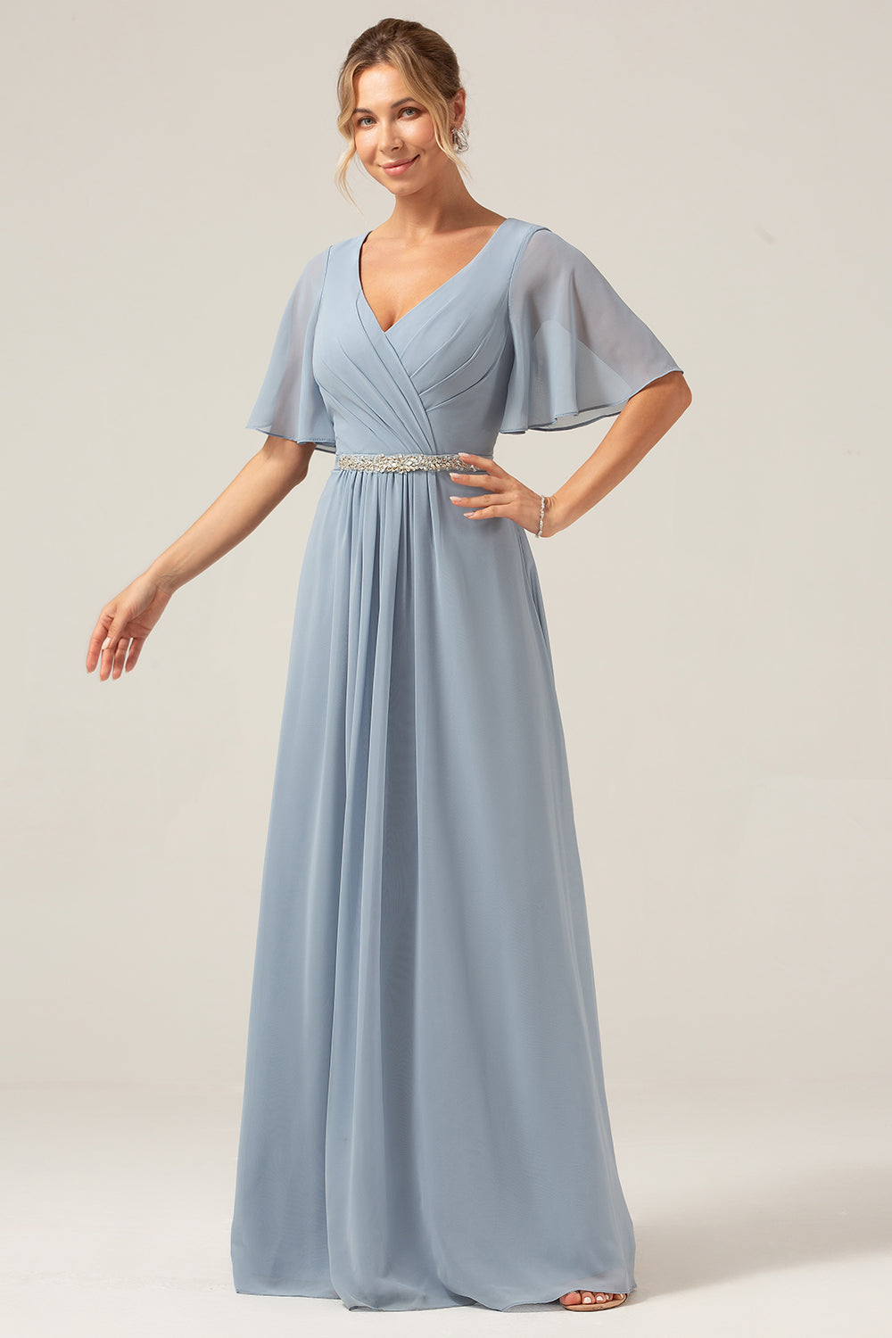 Dusty Blue A-Line V Neck Short Sleeves Chiffon Bridesmaid Dress