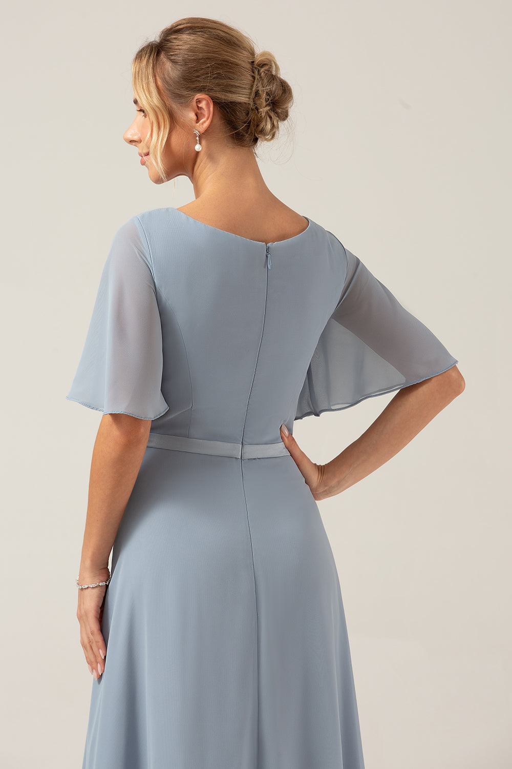 Dusty Blue A-Line V Neck Short Sleeves Chiffon Bridesmaid Dress