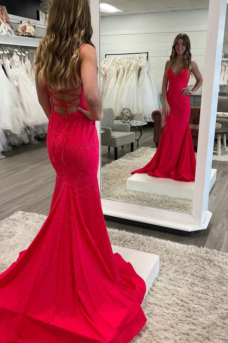 Lilly |Sparkly Mermaid V Neck Beaded Satin Long Prom Dress