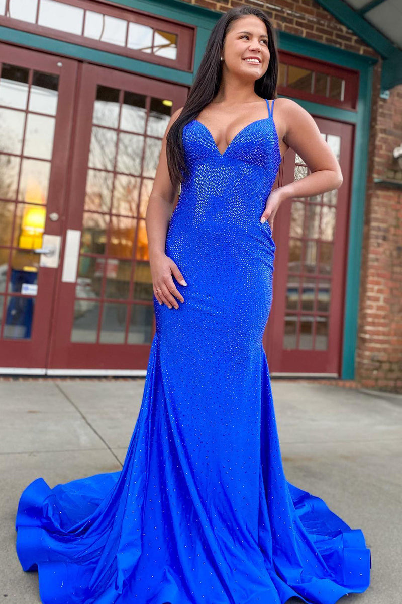 Lilly |Sparkly Mermaid V Neck Beaded Satin Long Prom Dress