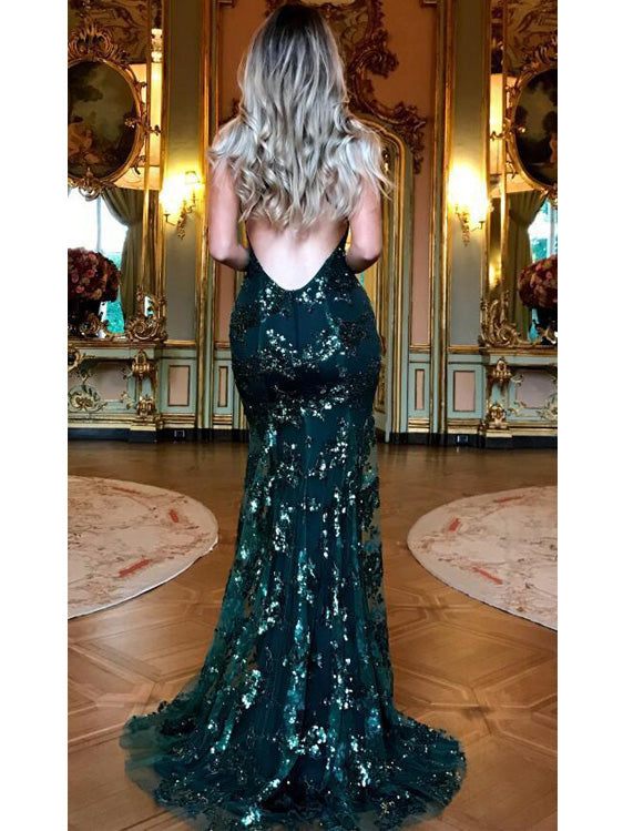 Mermaid Spaghetti Strap Floor-Length Tulle Sequined Prom Dresses