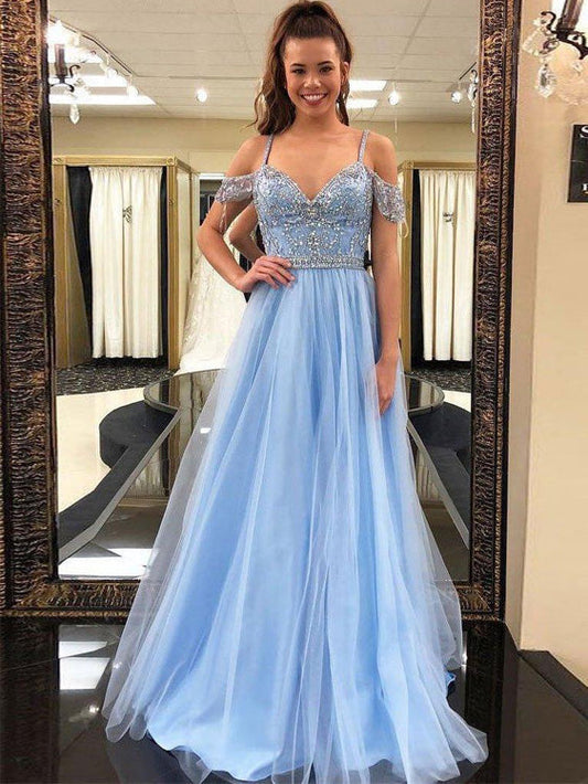 A-line Spaghetti Strap Floor-Length Tulle Prom Dresses With Rhine Stones