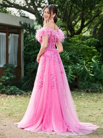 Off-the-Shoulder Lace Applique Side Slit A-Line Long Dress with Feathers Azalea