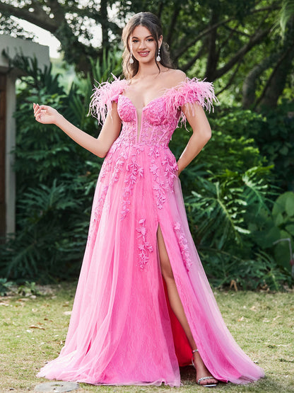 Off-the-Shoulder Lace Applique Side Slit A-Line Long Dress with Feathers Azalea