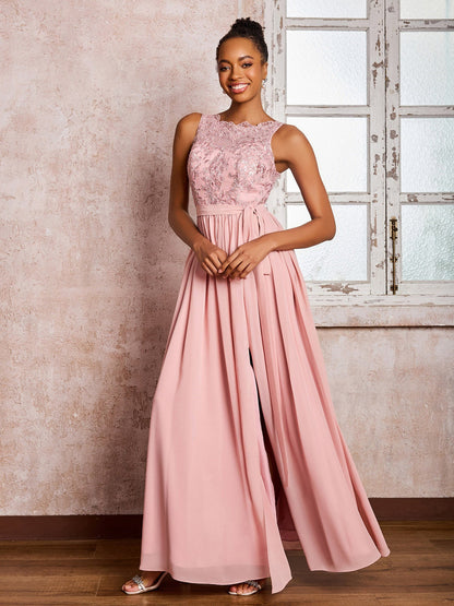 Illusion Neck Lace Top Chiffon Skirt Maxi Dresses with Bow Dusty Rose