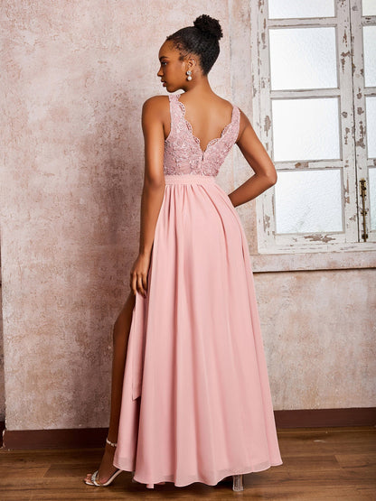 Illusion Neck Lace Top Chiffon Skirt Maxi Dresses with Bow Dusty Rose