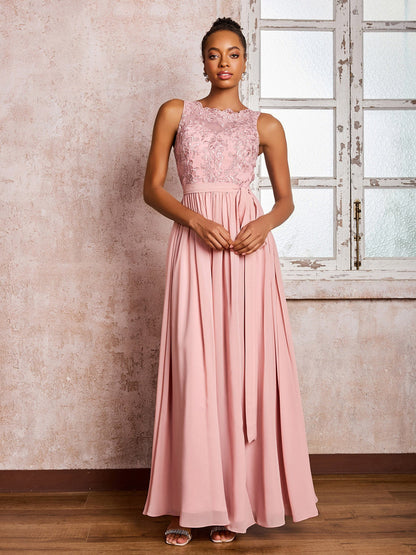 Illusion Neck Lace Top Chiffon Skirt Maxi Dresses with Bow Dusty Rose