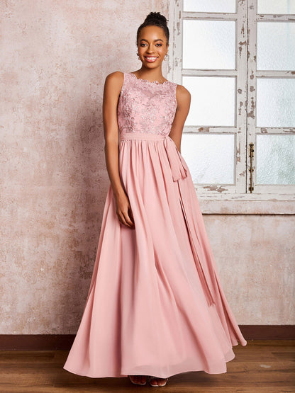 Illusion Neck Lace Top Chiffon Skirt Maxi Dresses with Bow Dusty Rose