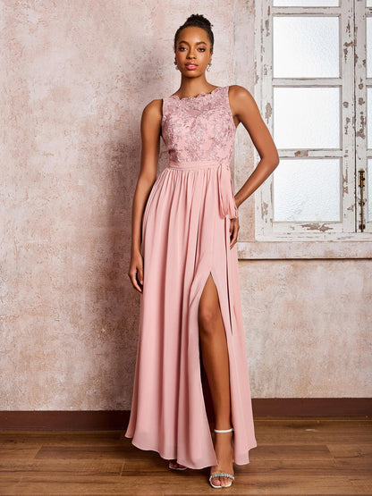 Illusion Neck Lace Top Chiffon Skirt Maxi Dresses with Bow Dusty Rose