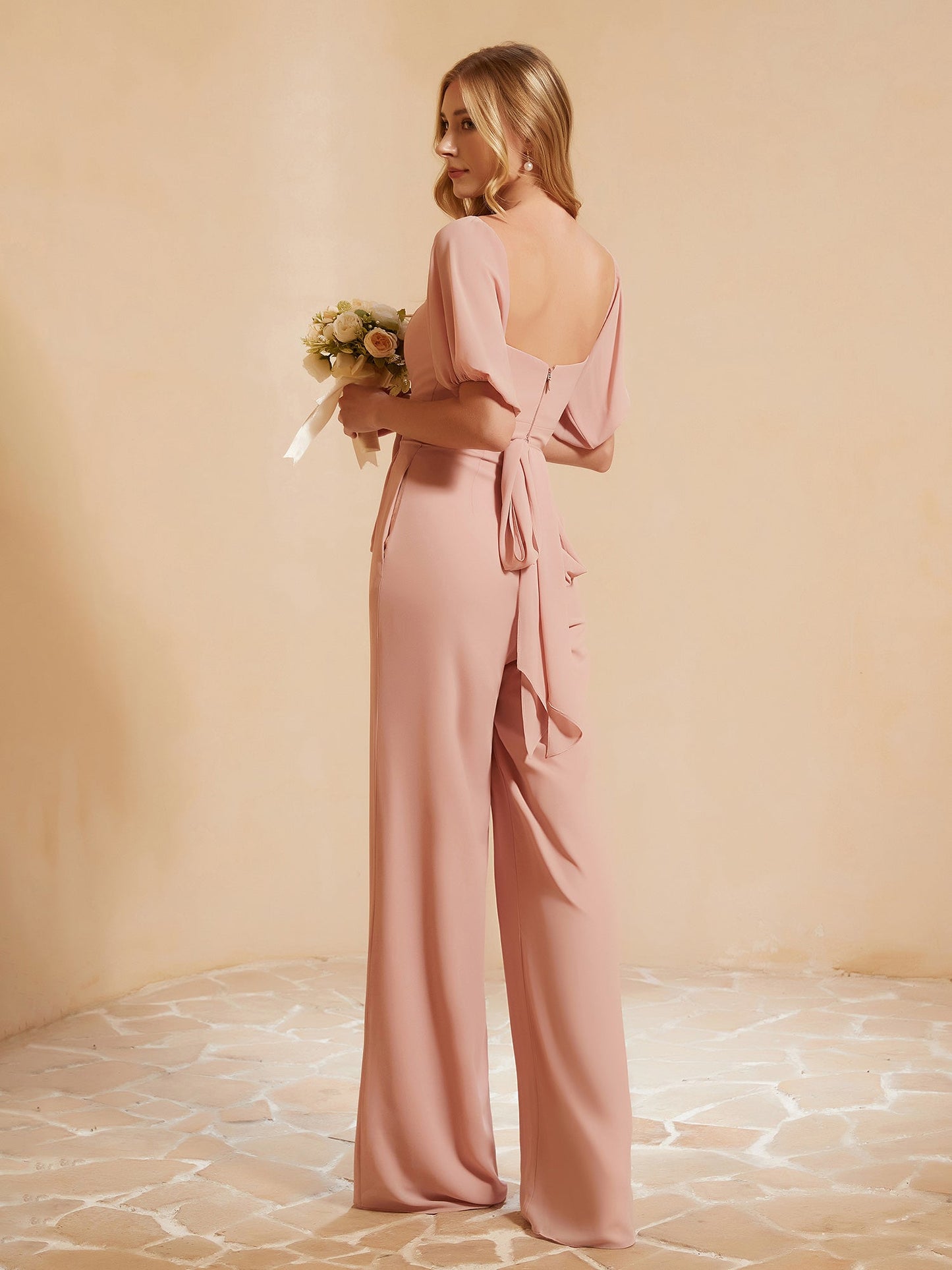 Square Neckline Half Sleeves Jumpsuit Dusty Rose