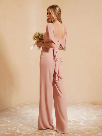 Square Neckline Half Sleeves Jumpsuit Dusty Rose
