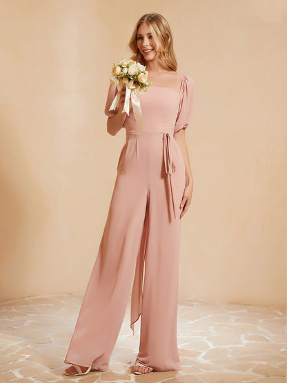 Square Neckline Half Sleeves Jumpsuit Dusty Rose